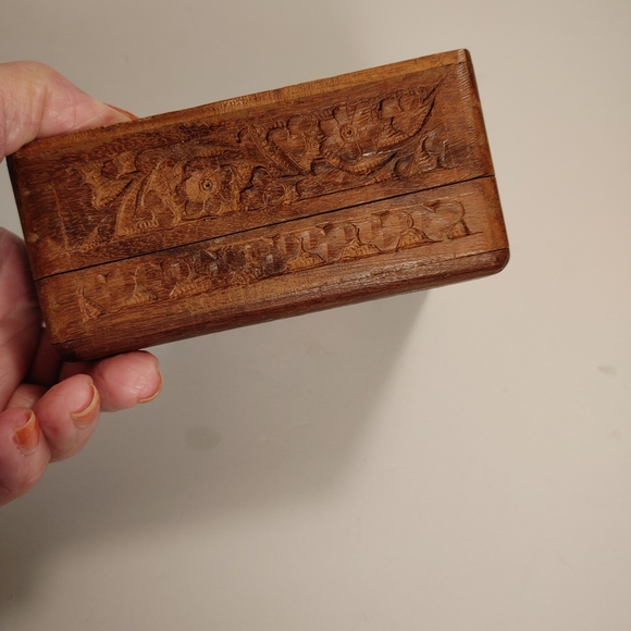 Hand Carved Wooden Trinket Box Blue Lined Treasure Box - Picture 2 of 4